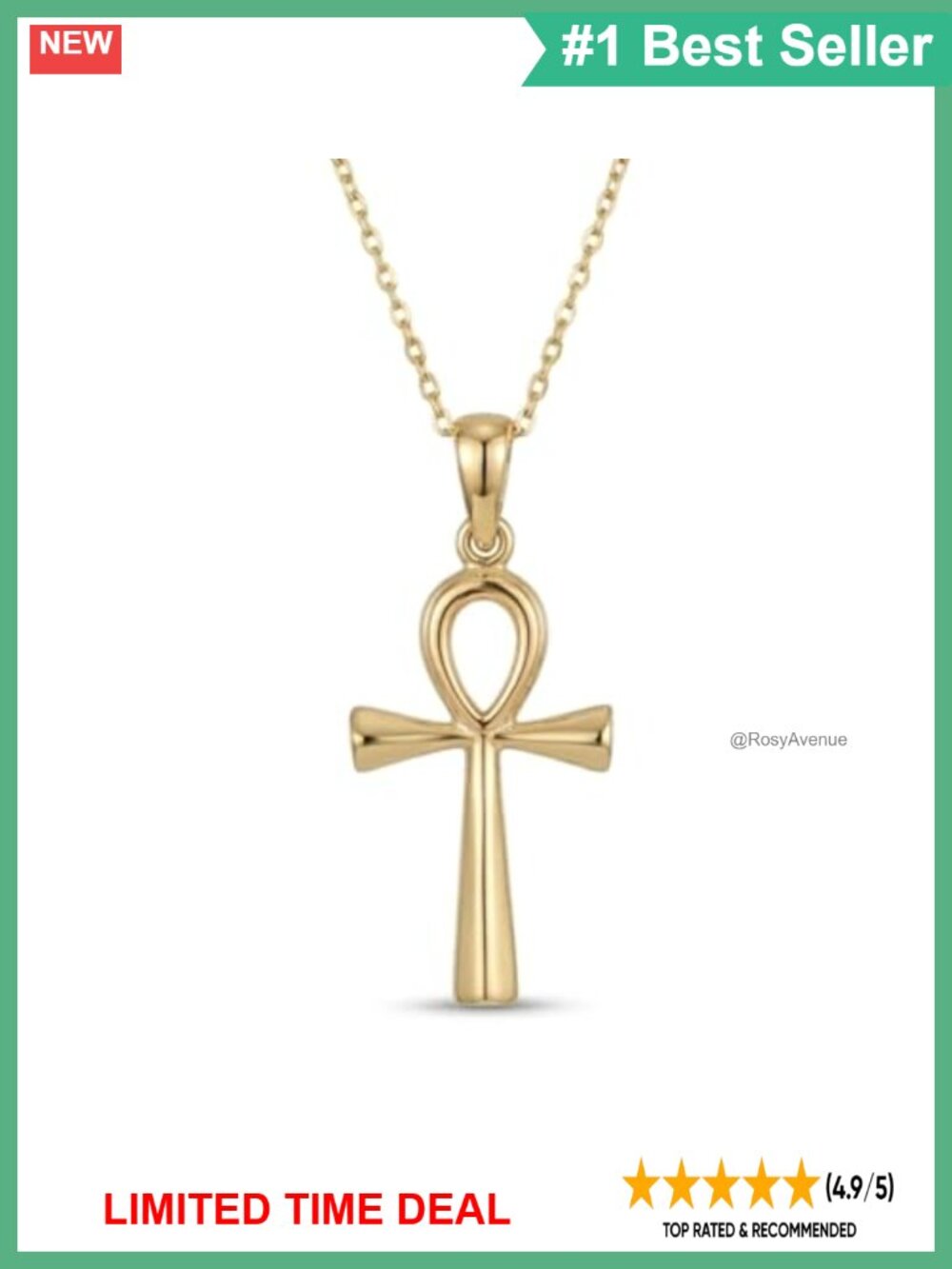 14K Gold Plated Ankh Cross Pendant Necklace for Women Faith Gift Adjustable